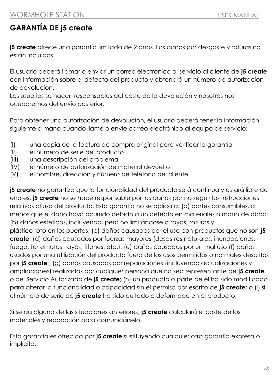 Garantía de j5 create, Wormhole station | j5 create JUH320v2 USB 3.0 Wormhole Station User Manual | Page 49 / 155