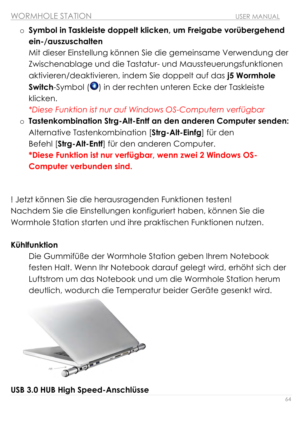 Testen sie die herausragenden funktionen, Kühlfunktion usb 3.0 hub high speed-anschlüsse | j5 create JUH320v2 USB 3.0 Wormhole Station User Manual | Page 64 / 155