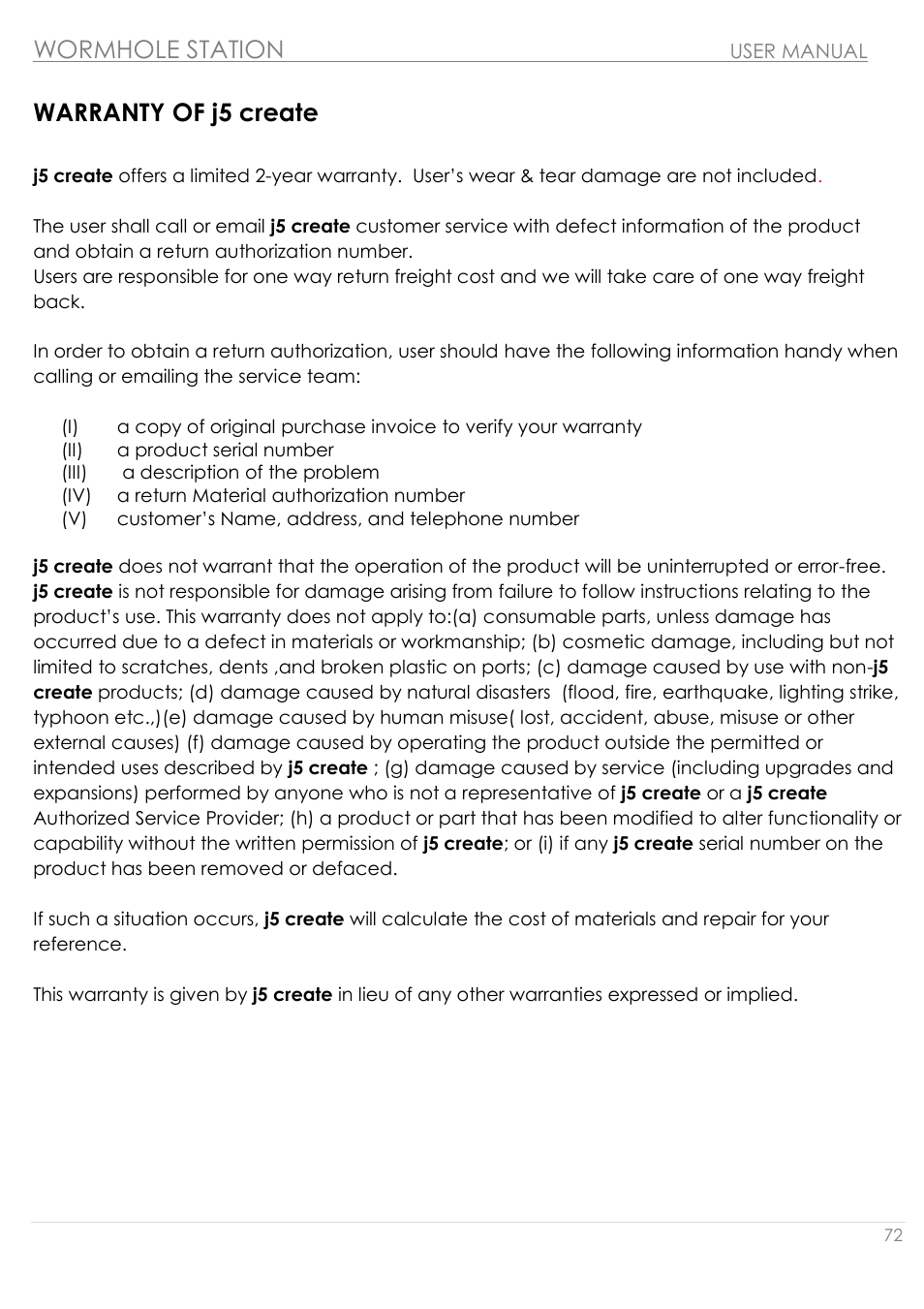 Warranty of j5 create, Wormhole station | j5 create JUH320v2 USB 3.0 Wormhole Station User Manual | Page 72 / 155