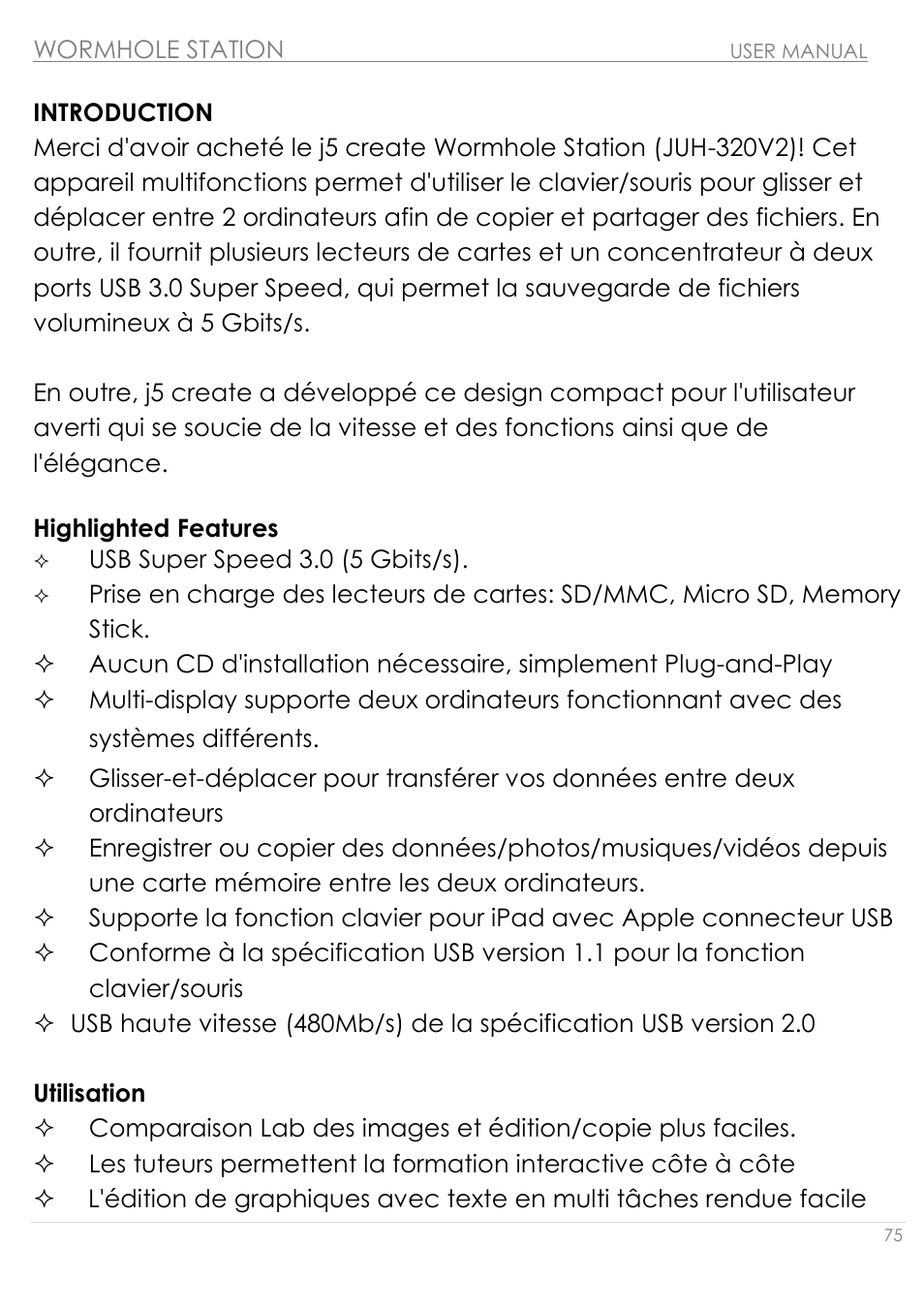 Introduction, Highlighted features utilisation | j5 create JUH320v2 USB 3.0 Wormhole Station User Manual | Page 75 / 155