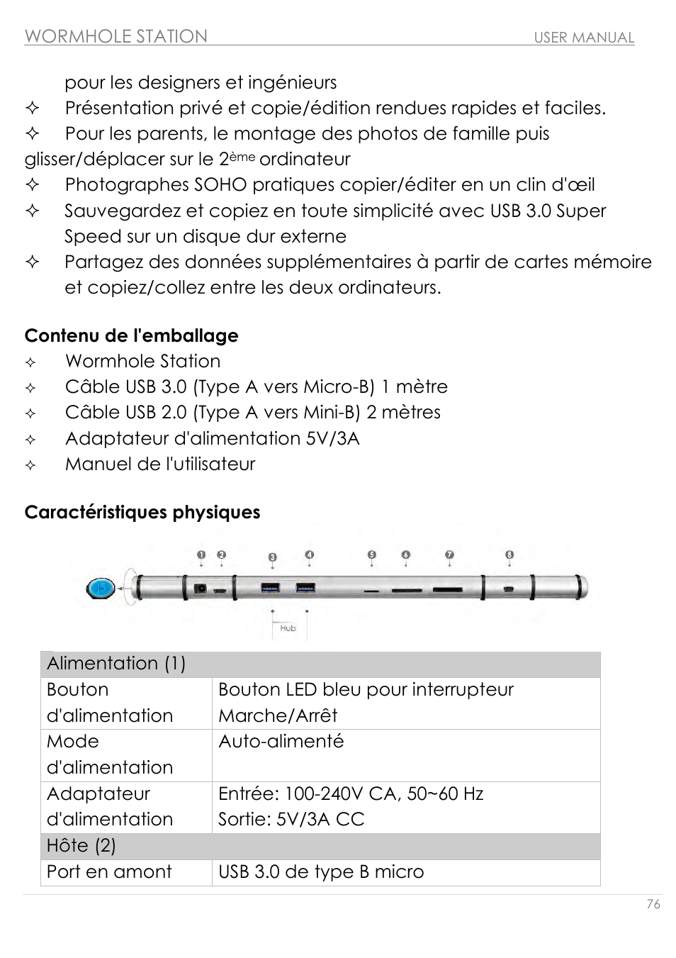 Contenu de l'emballage caracté ristiques physiques | j5 create JUH320v2 USB 3.0 Wormhole Station User Manual | Page 76 / 155