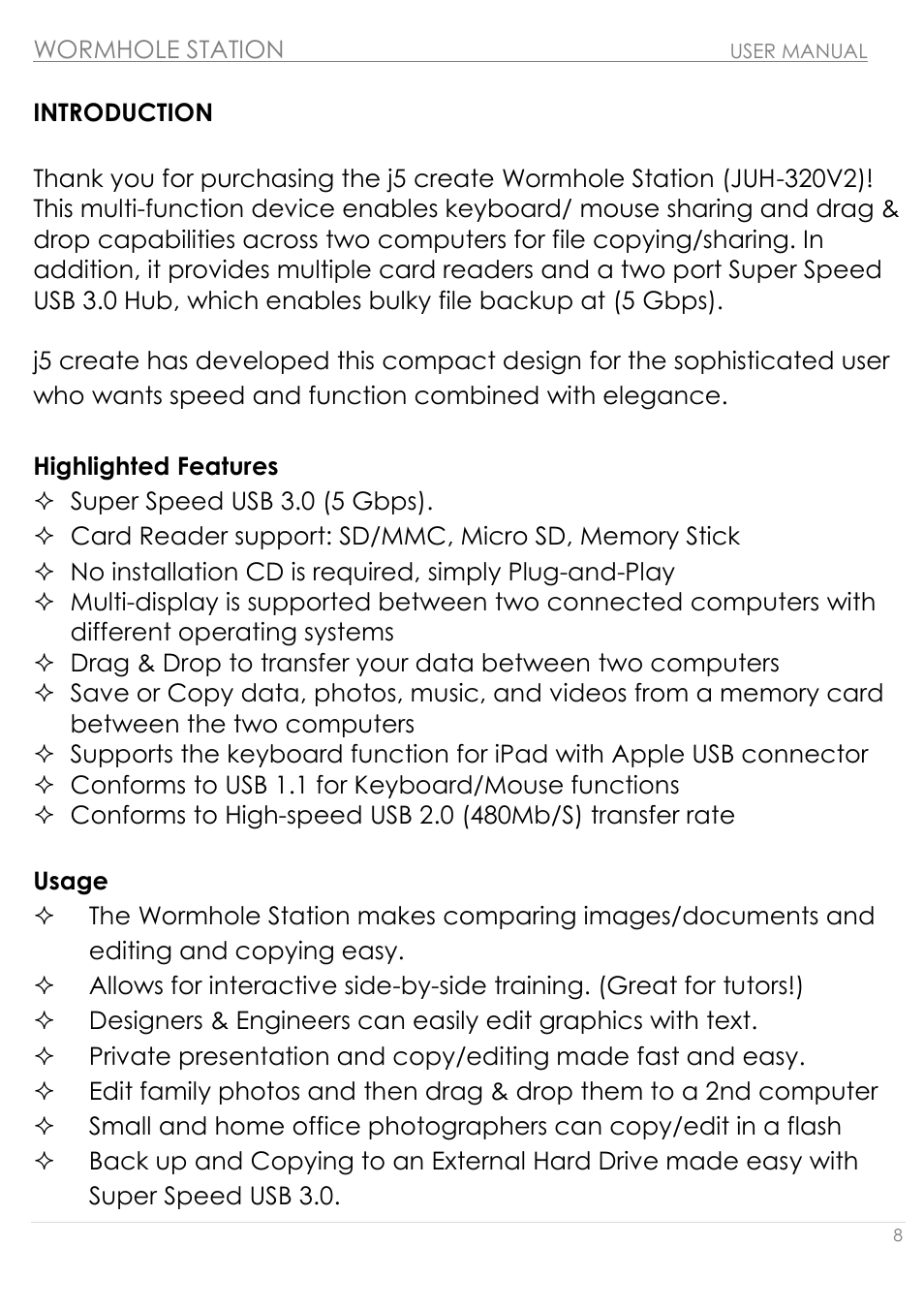 Introduction, Highlighted features usage | j5 create JUH320v2 USB 3.0 Wormhole Station User Manual | Page 8 / 155