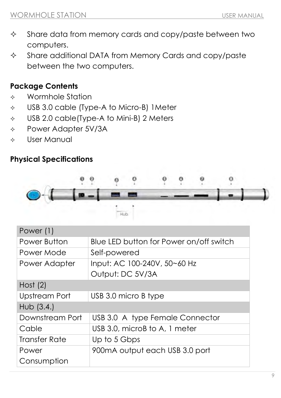 Package contents physical specifications | j5 create JUH320v2 USB 3.0 Wormhole Station User Manual | Page 9 / 155