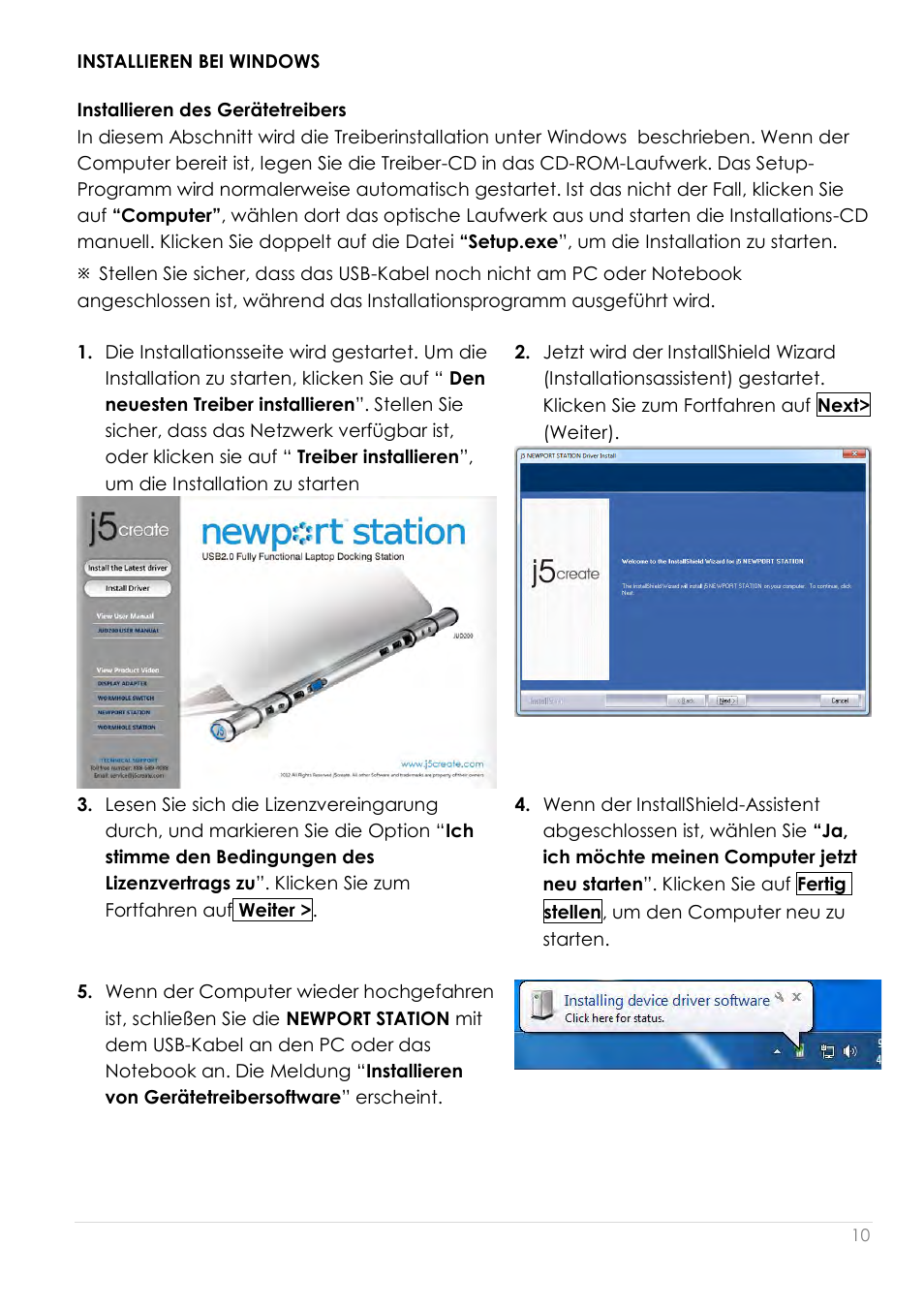 Installieren bei windows, Installieren des gerä tetreibers | j5 create JUD200 USB 2.0 Newport Station User Manual | Page 101 / 350