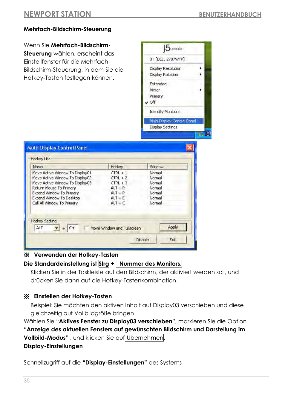 Mehrfach-bildschirm-steuerung, Display-einstellungen, Newport station | j5 create JUD200 USB 2.0 Newport Station User Manual | Page 126 / 350