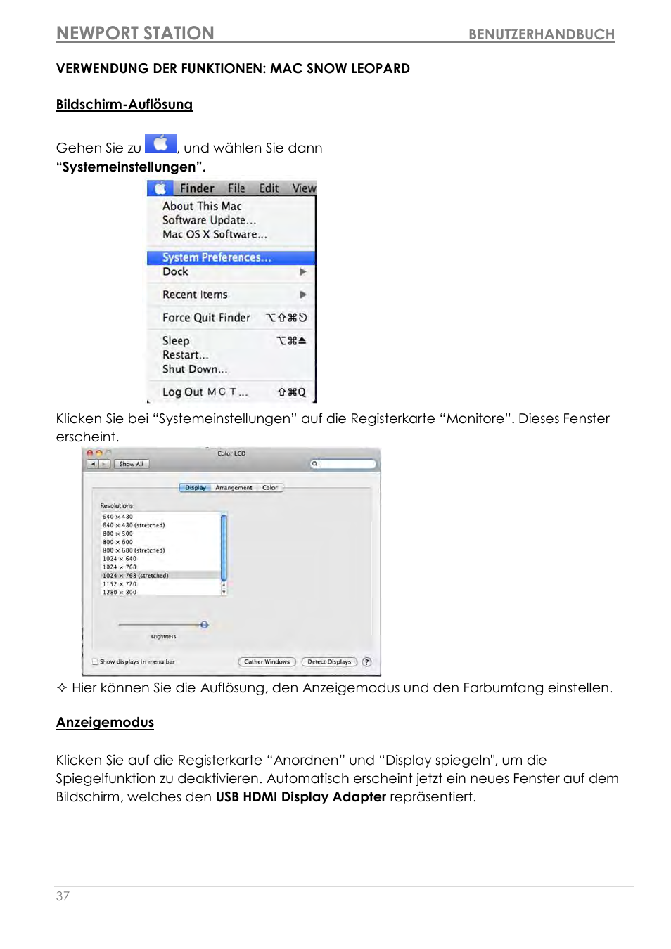Verwendung der funktionen: mac snow leopard, Bildschirm-auflö sung, Anzeigemodus | Newport station | j5 create JUD200 USB 2.0 Newport Station User Manual | Page 128 / 350