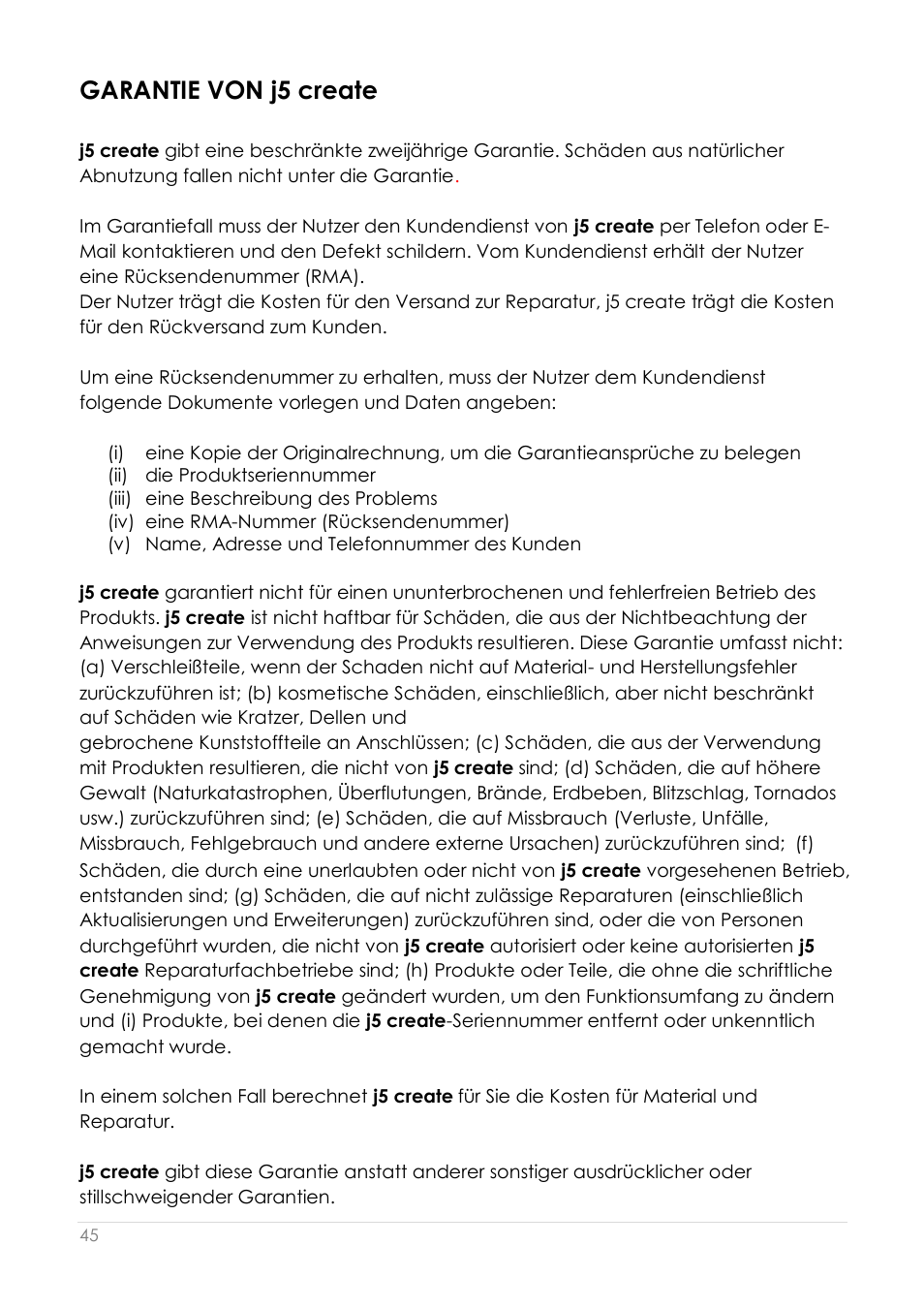 Garantie von j5 create | j5 create JUD200 USB 2.0 Newport Station User Manual | Page 136 / 350