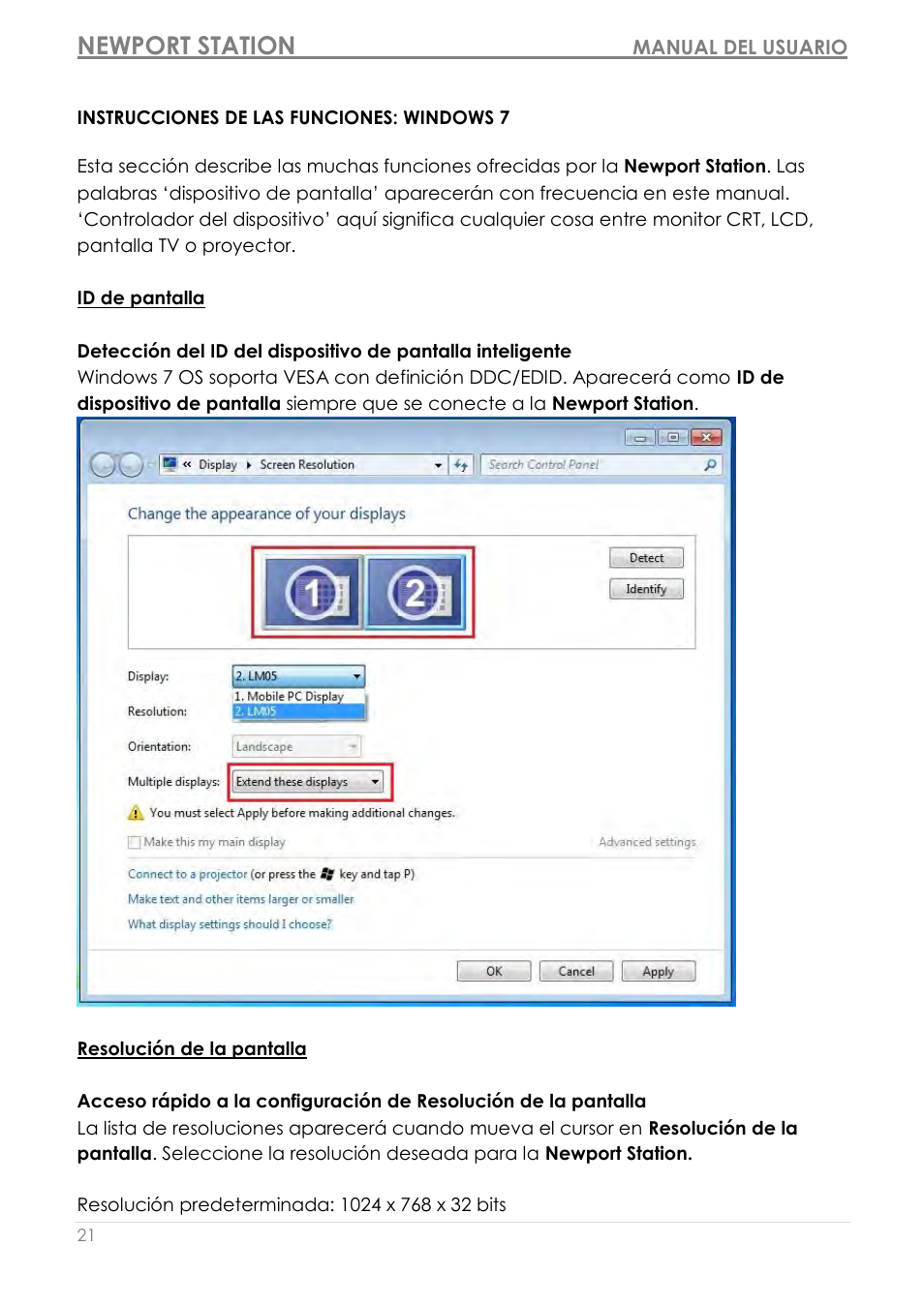 Instrucciones de las funciones: windows 7, Id de pantalla, Resolució n de la pantalla | Newport station | j5 create JUD200 USB 2.0 Newport Station User Manual | Page 159 / 350