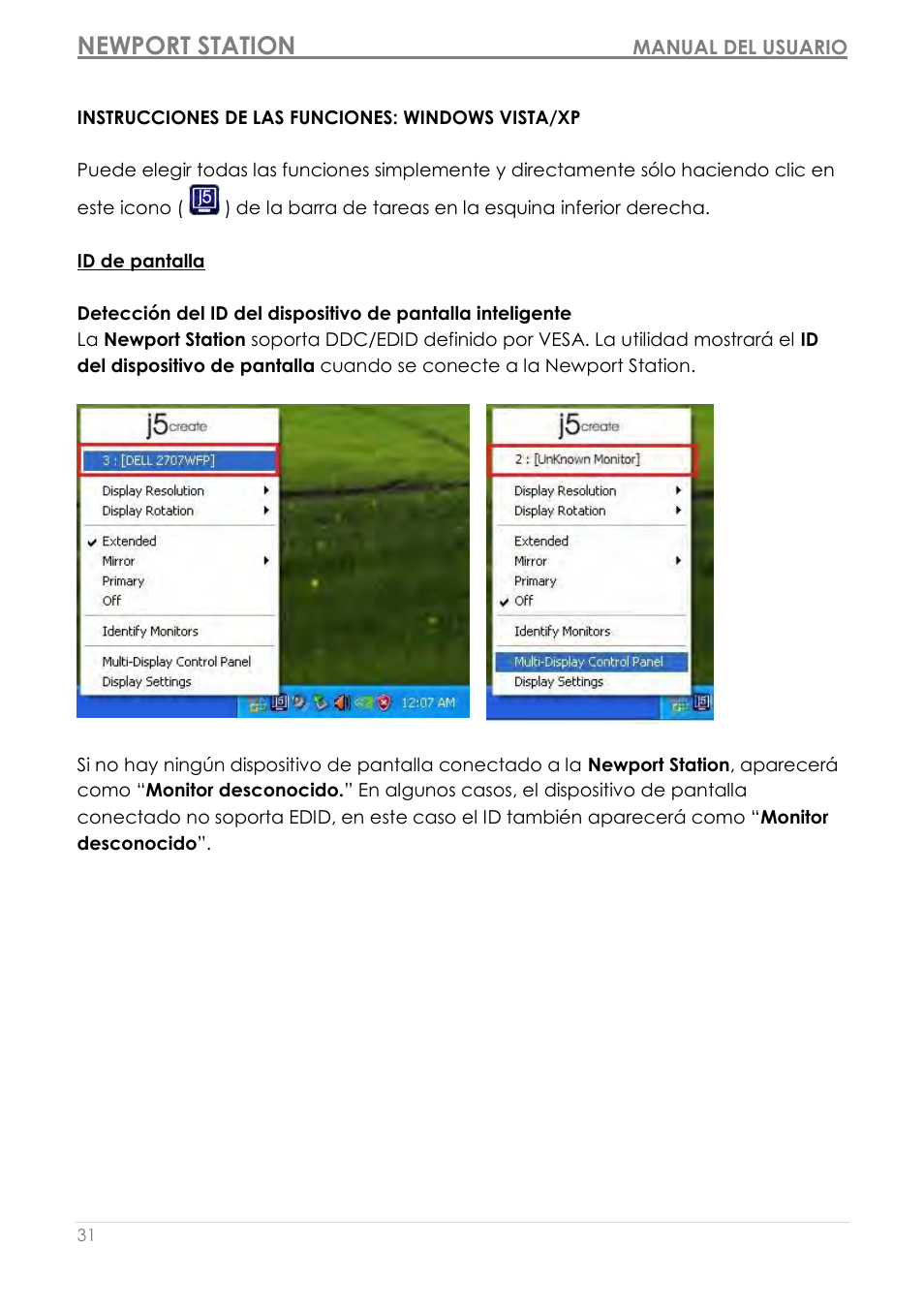 Instrucciones de las funciones: windows vista/xp, Id de pantalla, Newport station | j5 create JUD200 USB 2.0 Newport Station User Manual | Page 169 / 350