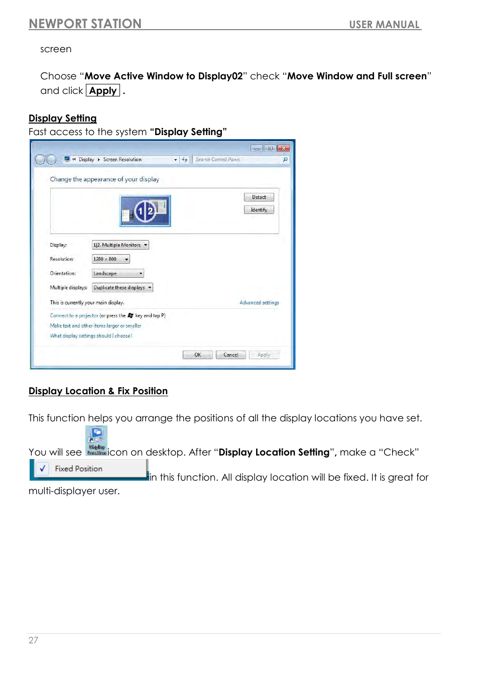Display setting display location & fix position, Newport station | j5 create JUD200 USB 2.0 Newport Station User Manual | Page 28 / 350