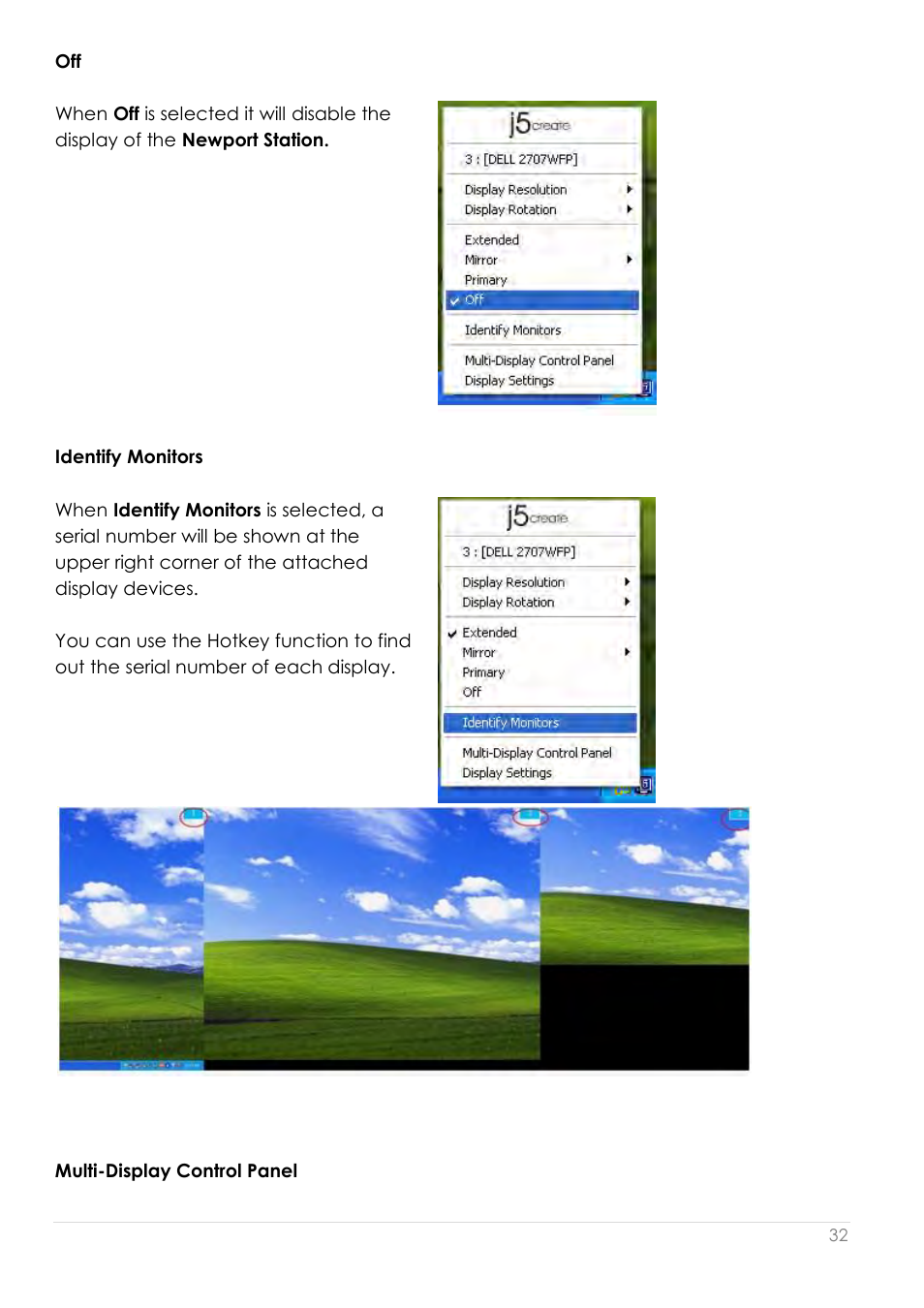 Identify monitors multi-display control panel | j5 create JUD200 USB 2.0 Newport Station User Manual | Page 33 / 350