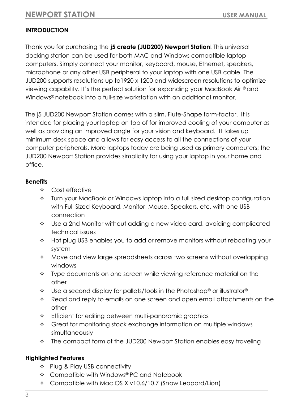 Introduction, Benefits highlighted features, Newport station | j5 create JUD200 USB 2.0 Newport Station User Manual | Page 4 / 350