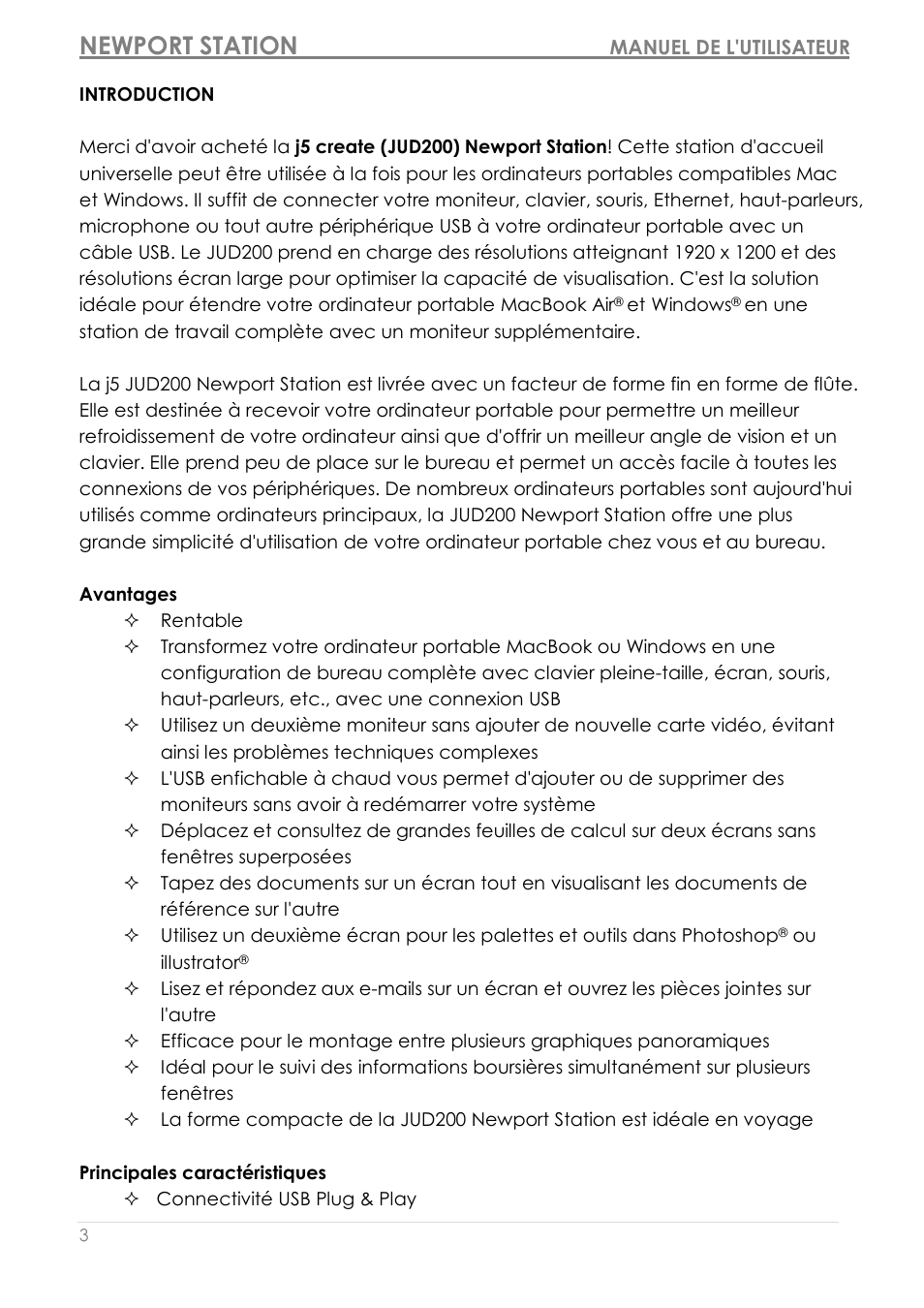 Introduction, Avantages, Principales caractéristiques | Newport station | j5 create JUD200 USB 2.0 Newport Station User Manual | Page 48 / 350