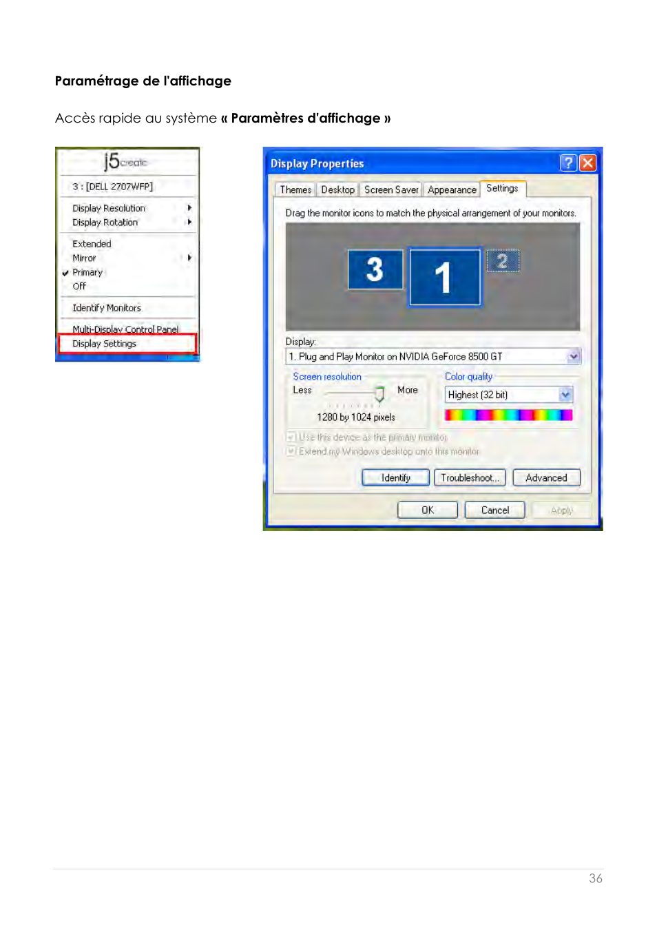 Paramétrage de l'affichage, Accès rapide au système « paramètres d'affichage | j5 create JUD200 USB 2.0 Newport Station User Manual | Page 81 / 350