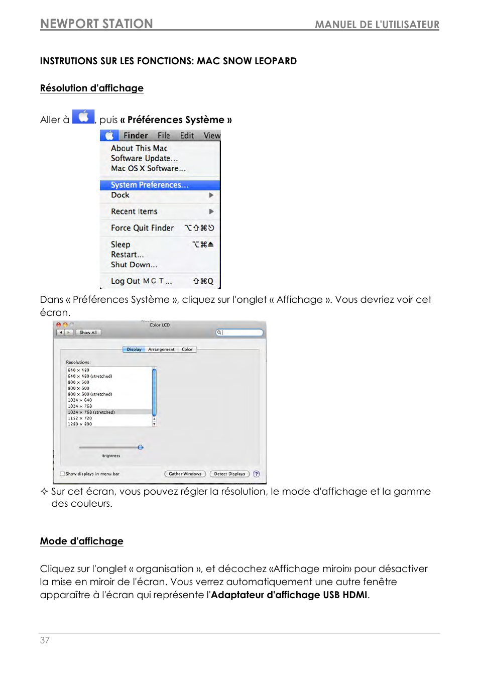 Instrutions sur les fonctions: mac snow leopard, Résolution d'affichage, Mode d'affichage | Newport station | j5 create JUD200 USB 2.0 Newport Station User Manual | Page 82 / 350