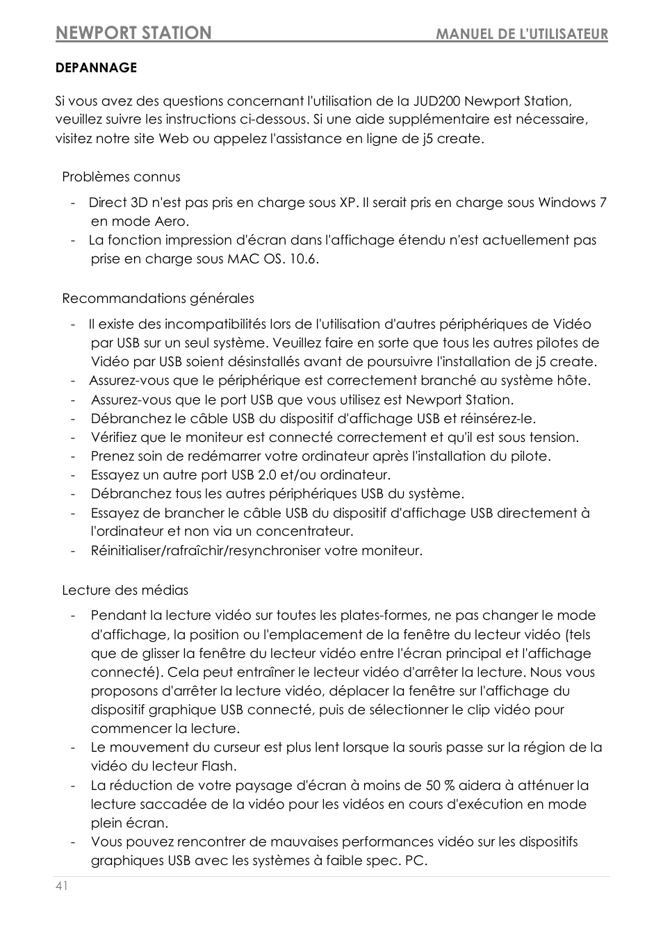 Problèmes connus, Recommandations générales, Lecture des médias | Newport station | j5 create JUD200 USB 2.0 Newport Station User Manual | Page 86 / 350