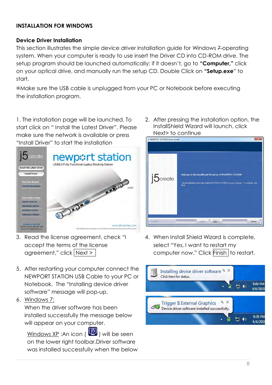 Installation for windows, Device driver installation | j5 create JUD200 USB 2.0 Newport Station User Manual | Page 9 / 350