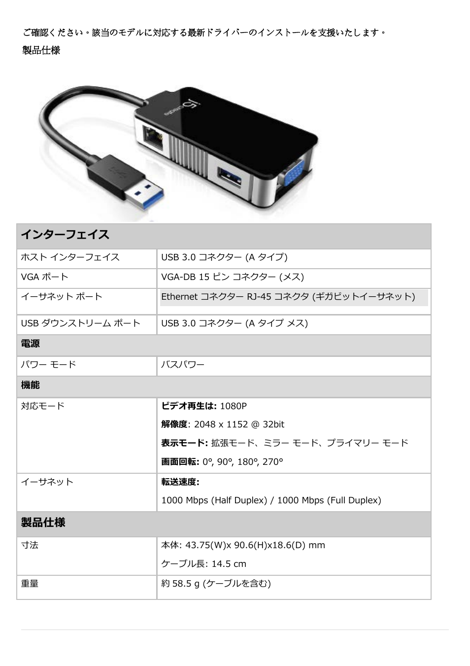 ご確認ください。該当のモデルに対応する最新ドライバーのインストールを支援いたします。 製品仕様, Ethernet コネクター rj-45 コネクタ (ギガビットイーサネット), 製品仕様 | インターフェイス | j5 create JUA370 - USB 3.0 Multi-Adapter VGA & Gigabit Ethernet User Manual | Page 120 / 181