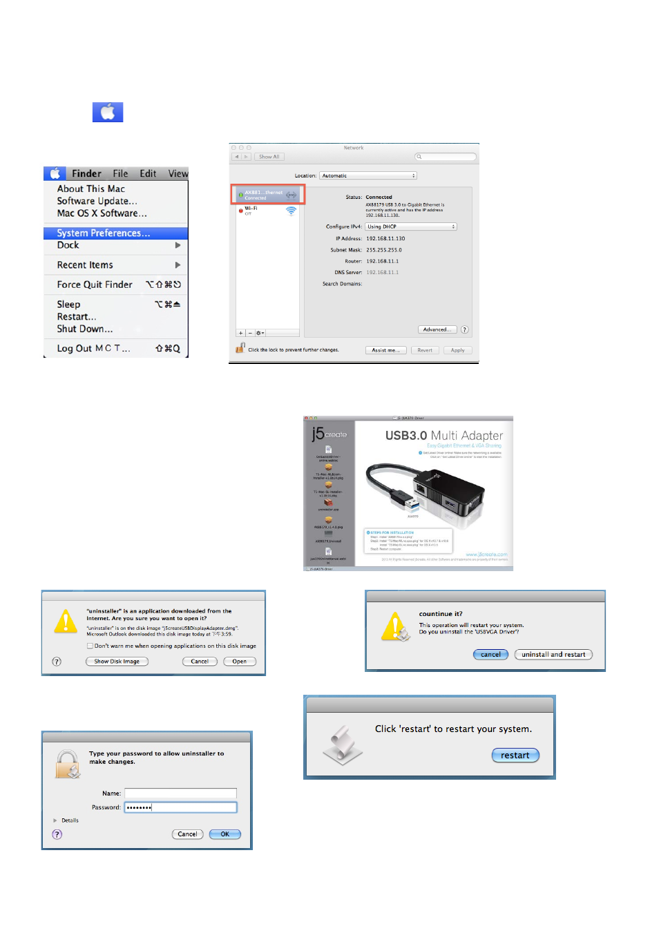 Red configuración en mac, Désinstallation du pilote | j5 create JUA370 - USB 3.0 Multi-Adapter VGA & Gigabit Ethernet User Manual | Page 44 / 181