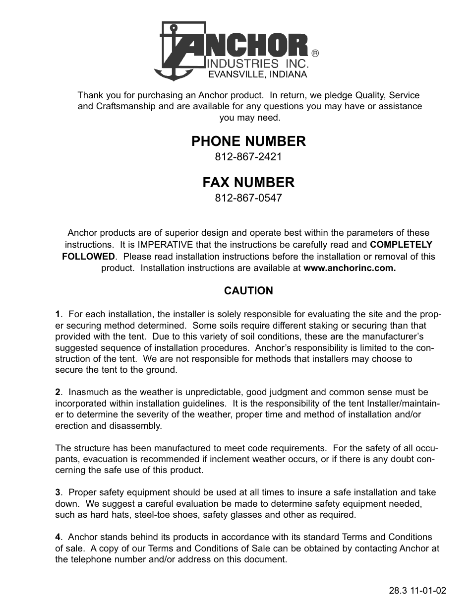 Phone number, Fax number | Anchor Industries NAV50-1204 User Manual | Page 18 / 18