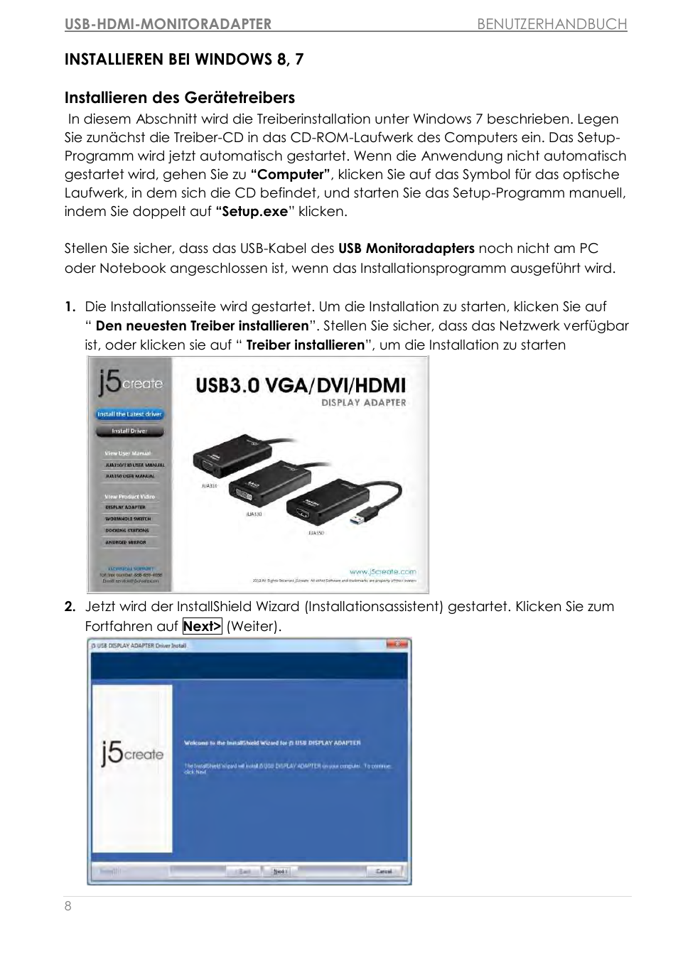 Installieren bei windows 8, 7 | j5 create JUA350 - USB 3.0 HDMI Display Adapter User Manual | Page 125 / 425