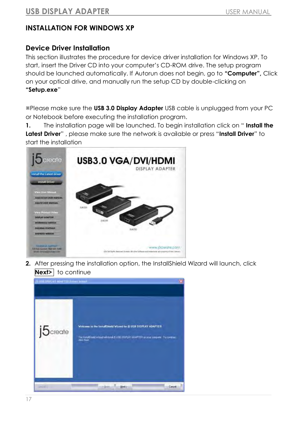 Installation for windows xp, Usb display adapter | j5 create JUA350 - USB 3.0 HDMI Display Adapter User Manual | Page 18 / 425