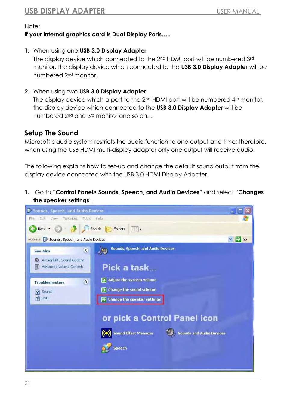 Usb display adapter, Setup the sound | j5 create JUA350 - USB 3.0 HDMI Display Adapter User Manual | Page 22 / 425