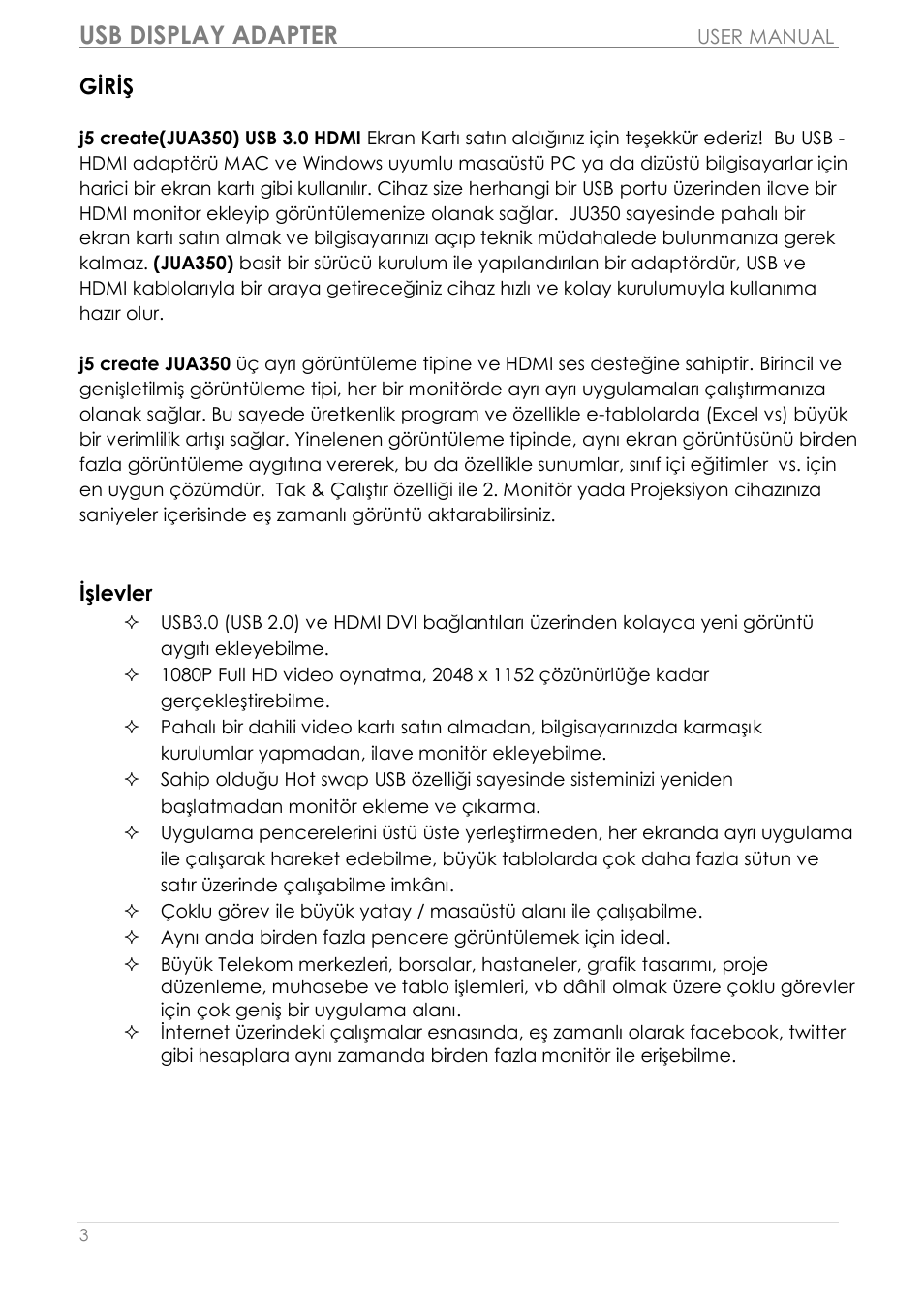 Giriş, Usb display adapter | j5 create JUA350 - USB 3.0 HDMI Display Adapter User Manual | Page 368 / 425