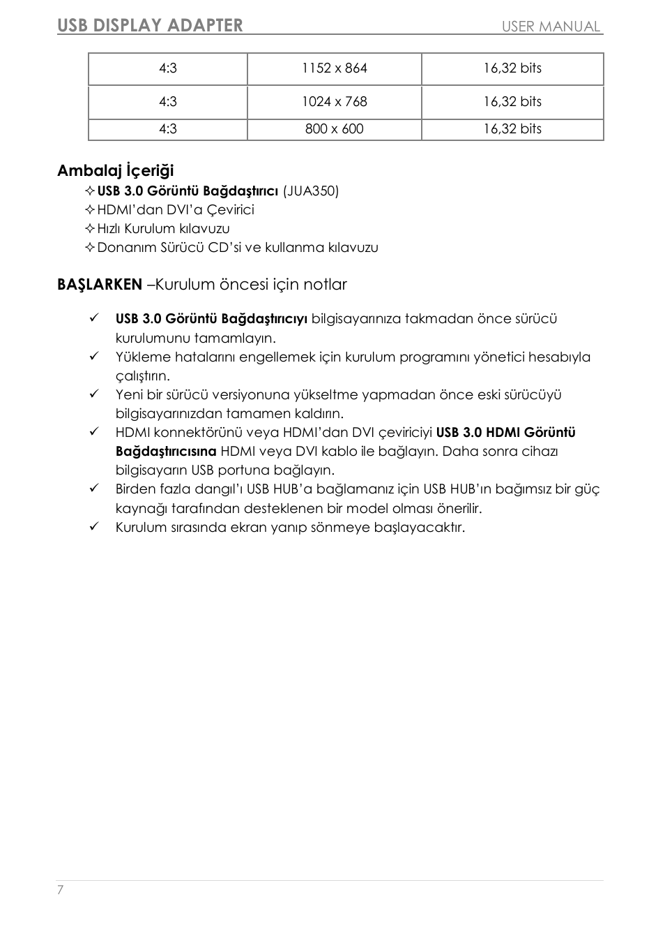 Başlarken –kurulum ö ncesi iç in notlar, Usb display adapter | j5 create JUA350 - USB 3.0 HDMI Display Adapter User Manual | Page 372 / 425