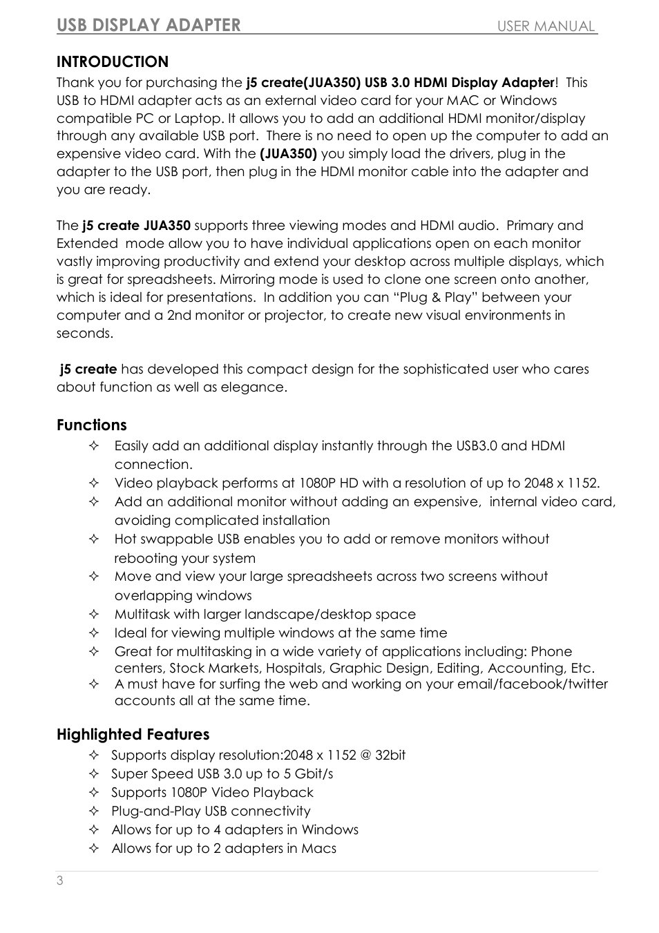 Introduction, Usb display adapter | j5 create JUA350 - USB 3.0 HDMI Display Adapter User Manual | Page 4 / 425
