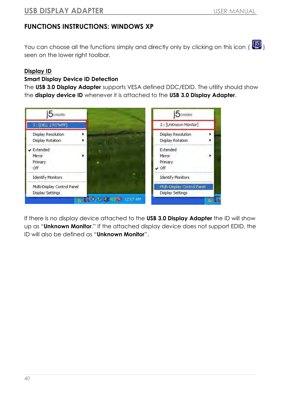 Functions instructions: windows xp, Usb display adapter | j5 create JUA350 - USB 3.0 HDMI Display Adapter User Manual | Page 41 / 425