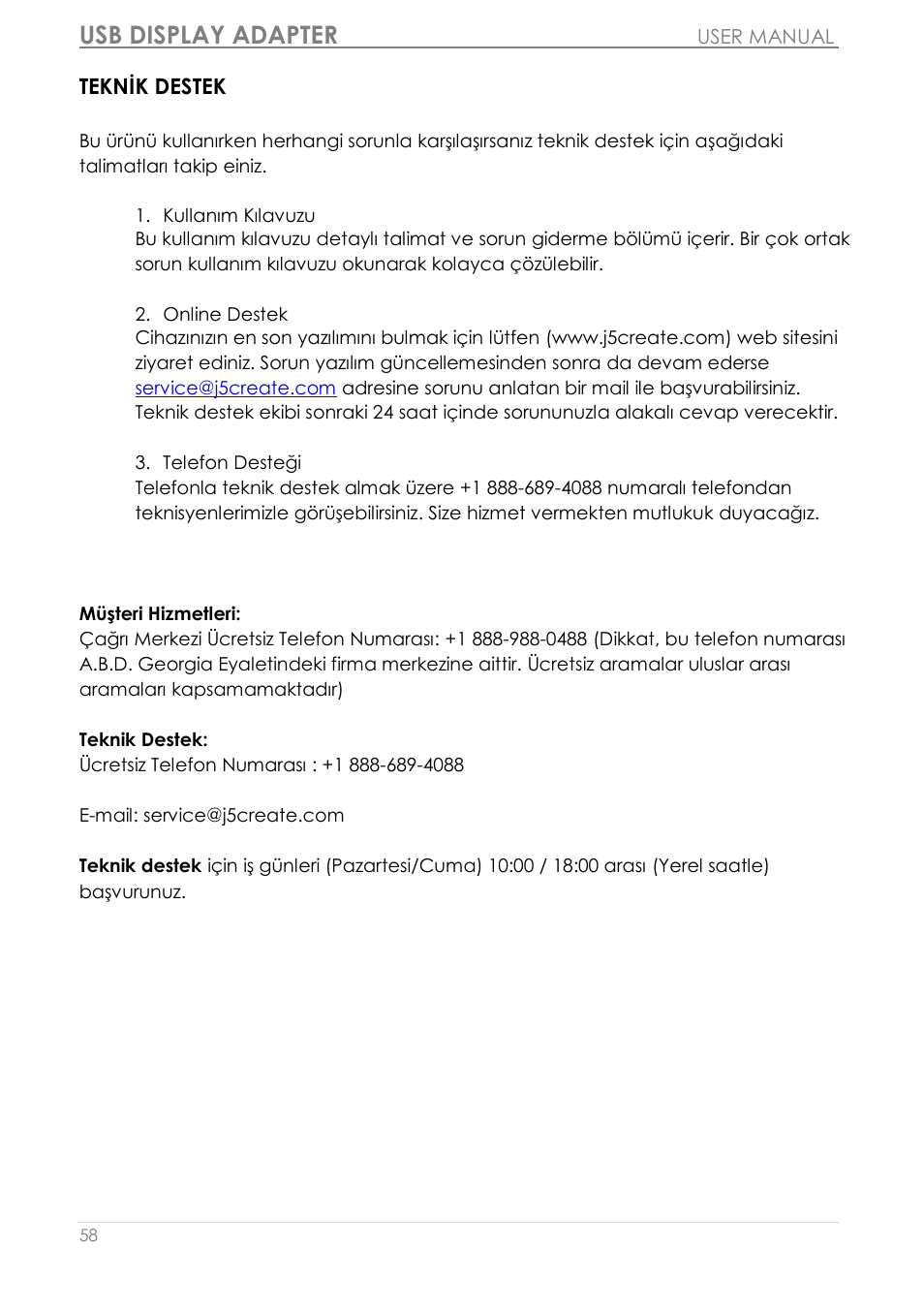 Teknik destek, Usb display adapter | j5 create JUA350 - USB 3.0 HDMI Display Adapter User Manual | Page 423 / 425
