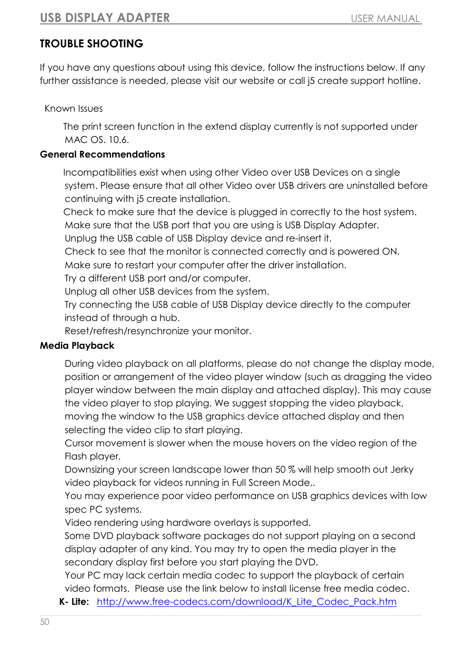 Trouble shooting, Usb display adapter | j5 create JUA350 - USB 3.0 HDMI Display Adapter User Manual | Page 51 / 425