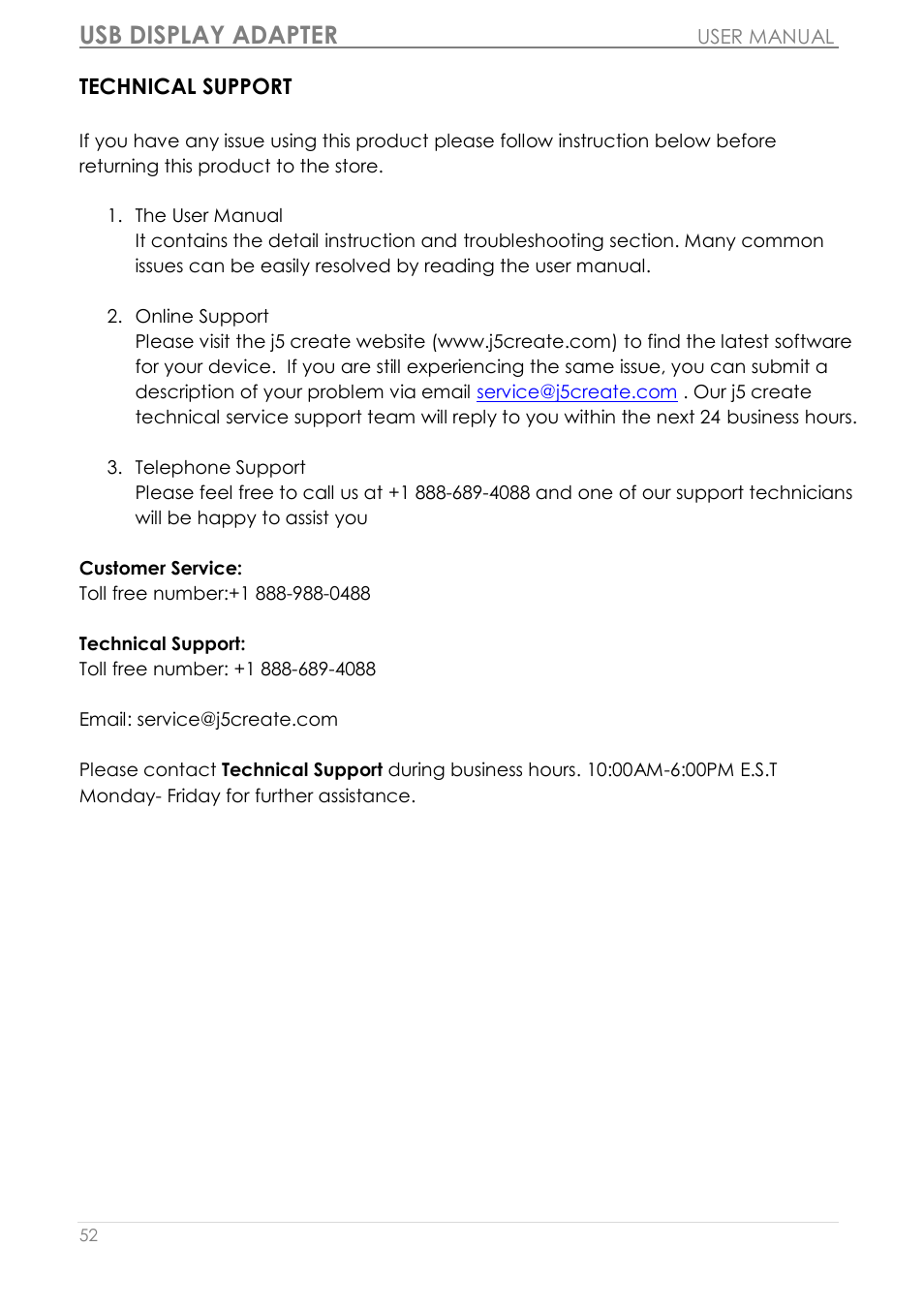 Technical support, Usb display adapter | j5 create JUA350 - USB 3.0 HDMI Display Adapter User Manual | Page 53 / 425