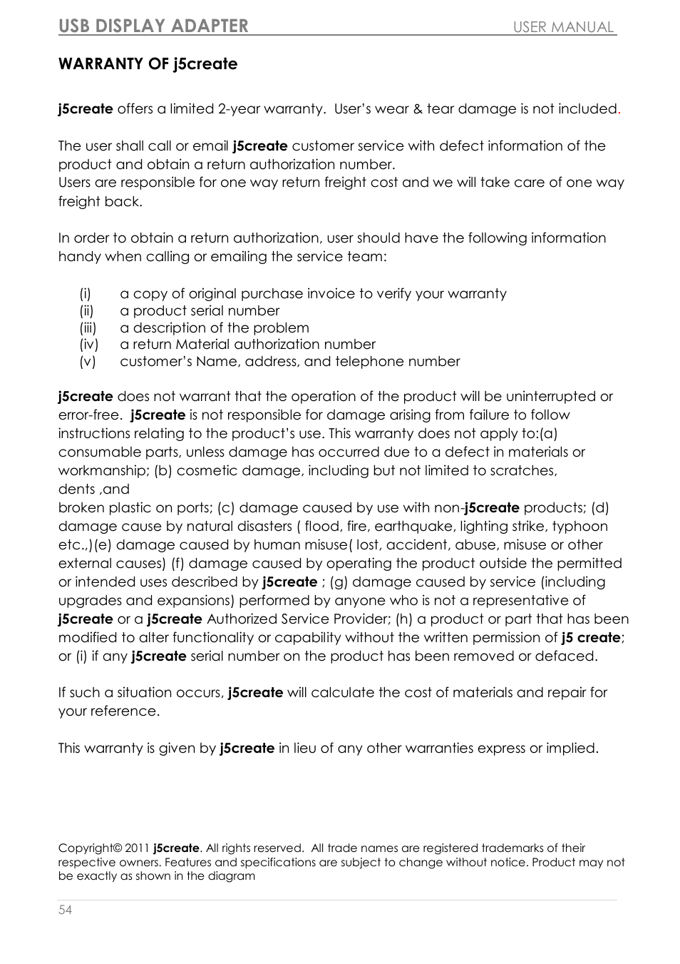 Warranty of j5create, Usb display adapter | j5 create JUA350 - USB 3.0 HDMI Display Adapter User Manual | Page 55 / 425