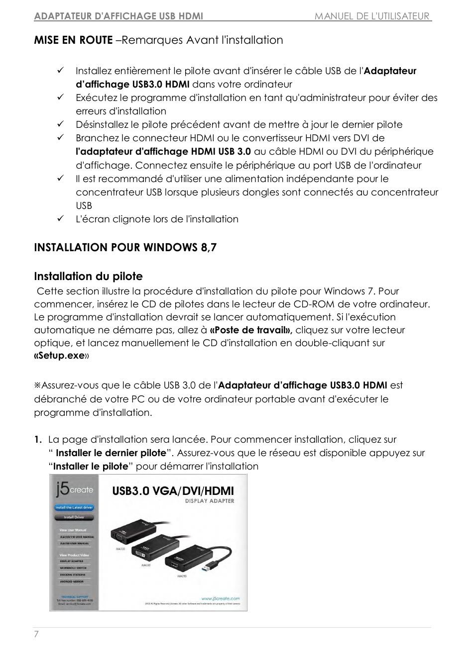 Mise en route –remarques avant l'installation, Installation pour windows 8,7 | j5 create JUA350 - USB 3.0 HDMI Display Adapter User Manual | Page 63 / 425