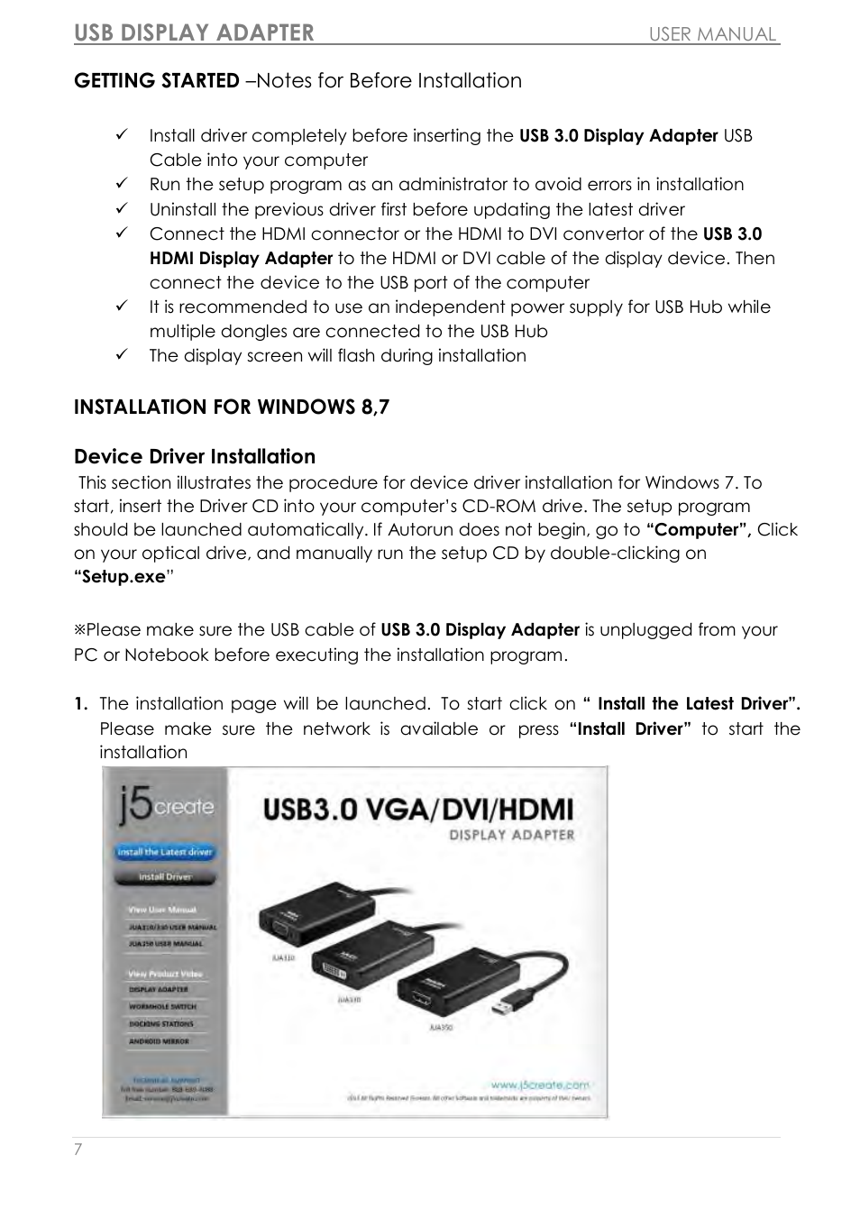 Getting started –notes for before installation, Installation for windows 8,7, Usb display adapter | j5 create JUA350 - USB 3.0 HDMI Display Adapter User Manual | Page 8 / 425