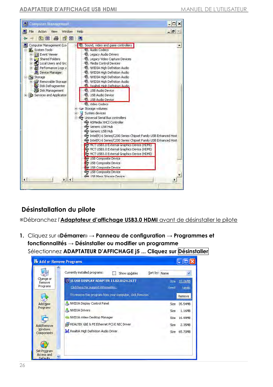 Dé sinstallation du pilote | j5 create JUA350 - USB 3.0 HDMI Display Adapter User Manual | Page 82 / 425