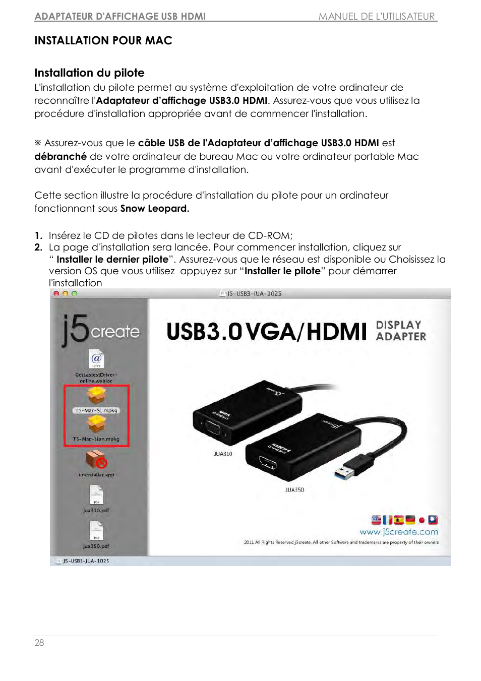Installation pour mac, Installation pour mac installation du pilote | j5 create JUA350 - USB 3.0 HDMI Display Adapter User Manual | Page 84 / 425