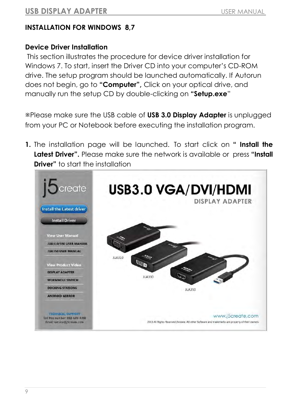 Installation for windows 8,7, Usb display adapter | j5 create JUA310 - USB 3.0 VGA Display Adapter User Manual | Page 10 / 413