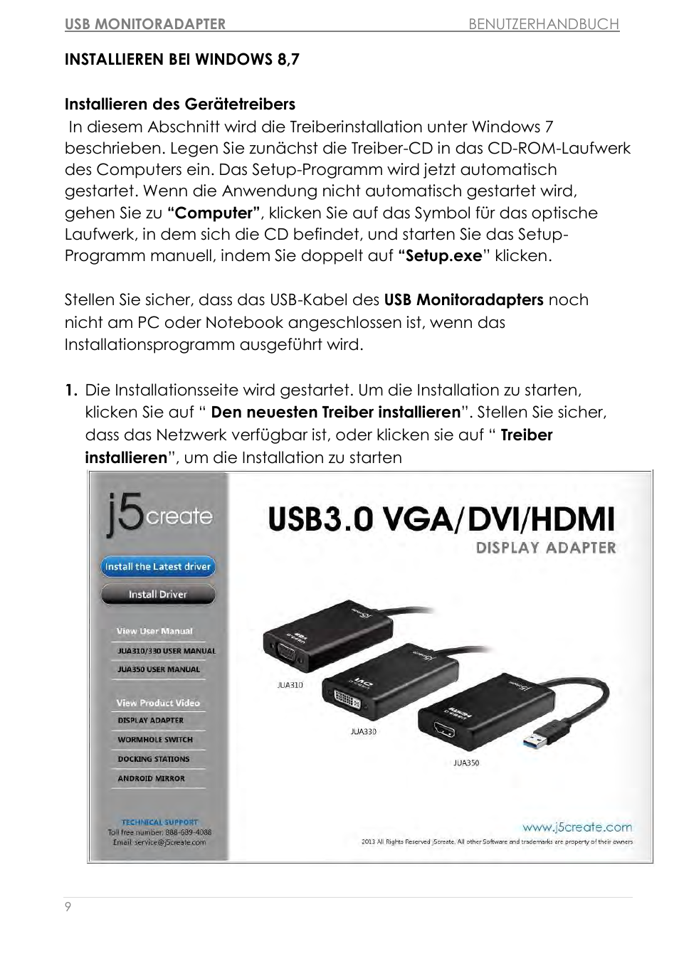 Installieren bei windows 8,7 | j5 create JUA310 - USB 3.0 VGA Display Adapter User Manual | Page 129 / 413