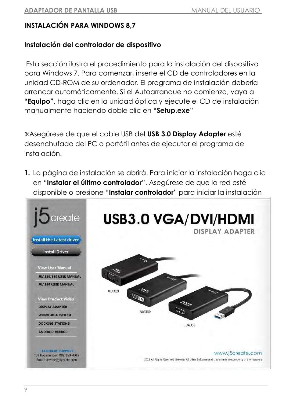 Instalació n para windows 8,7 | j5 create JUA310 - USB 3.0 VGA Display Adapter User Manual | Page 189 / 413