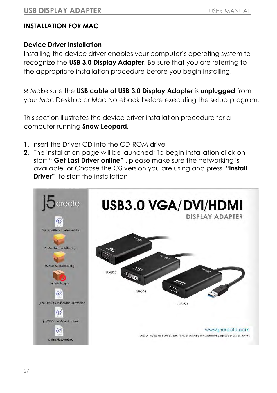 Installation for mac, Usb display adapter | j5 create JUA310 - USB 3.0 VGA Display Adapter User Manual | Page 28 / 413