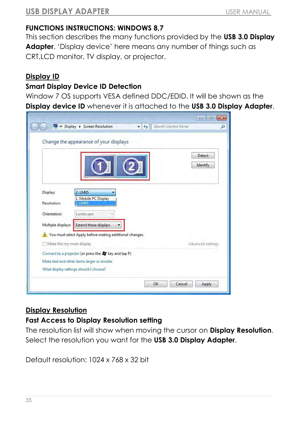 Functions instructions: windows 8,7, Usb display adapter | j5 create JUA310 - USB 3.0 VGA Display Adapter User Manual | Page 36 / 413