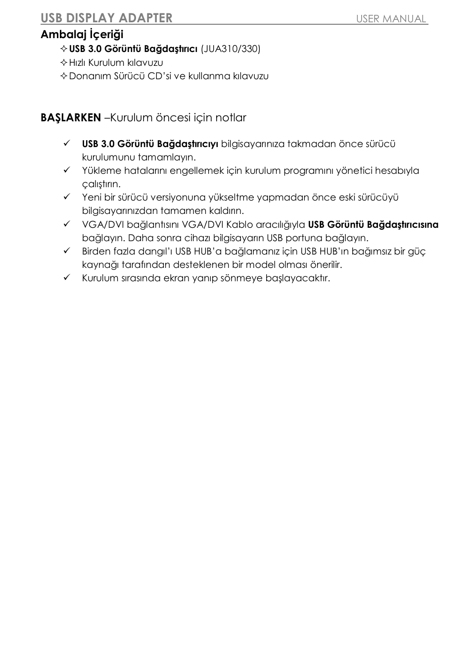 Başlarken –kurulum ö ncesi iç in notlar, Usb display adapter | j5 create JUA310 - USB 3.0 VGA Display Adapter User Manual | Page 366 / 413