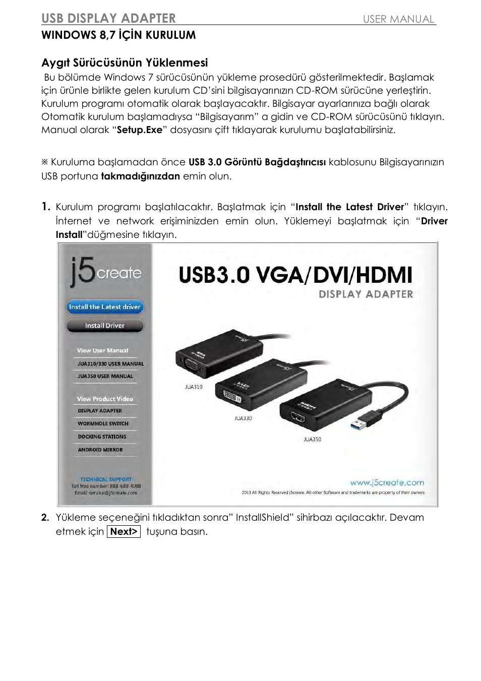 Windows 8,7 için kurulum, Usb display adapter | j5 create JUA310 - USB 3.0 VGA Display Adapter User Manual | Page 367 / 413