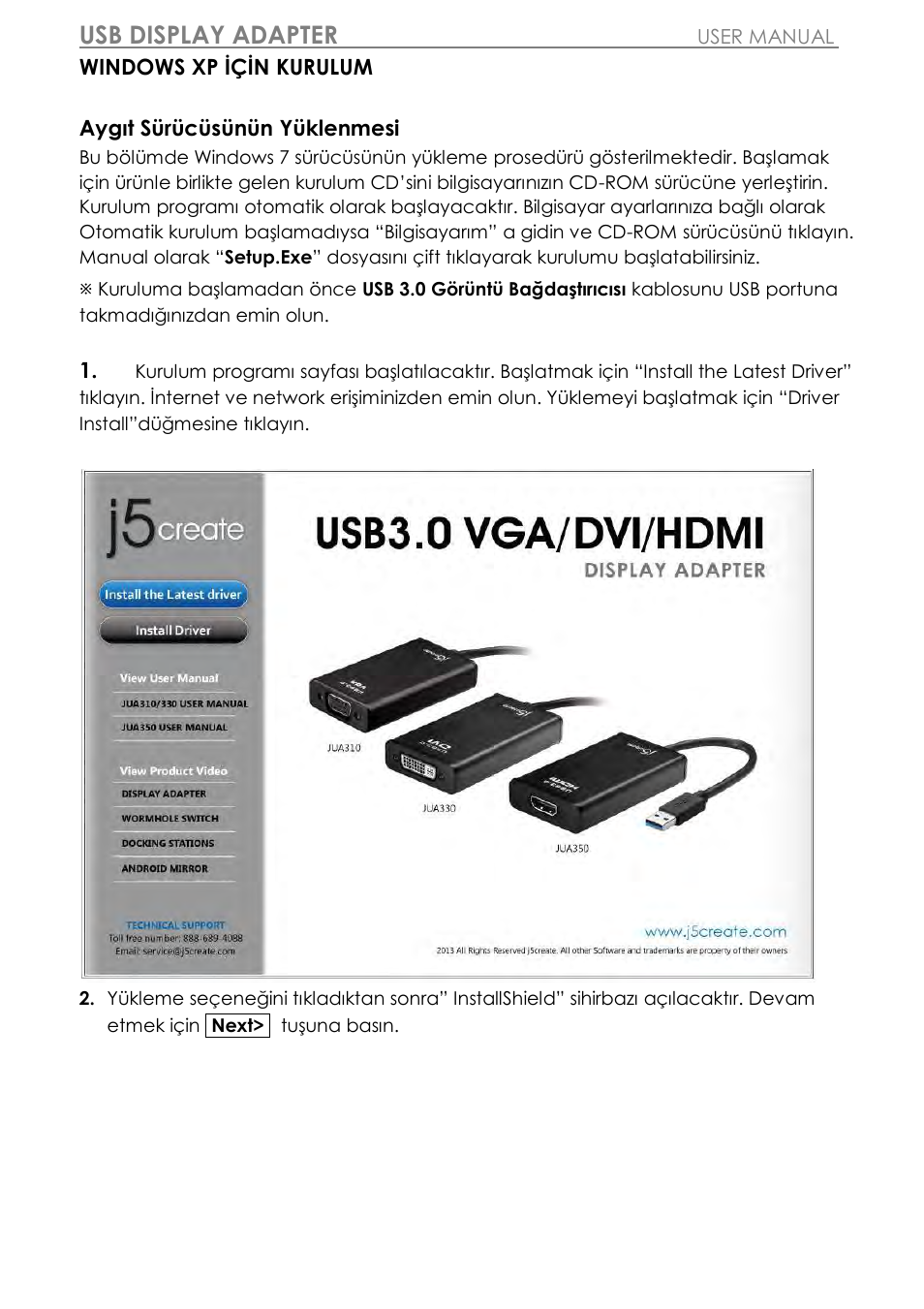 Windows xp için kurulum, Usb display adapter | j5 create JUA310 - USB 3.0 VGA Display Adapter User Manual | Page 375 / 413