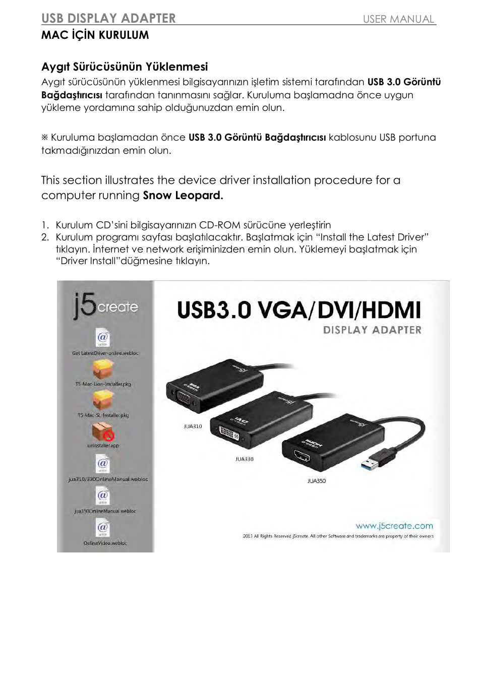 Mac için kurulum, Usb display adapter | j5 create JUA310 - USB 3.0 VGA Display Adapter User Manual | Page 384 / 413