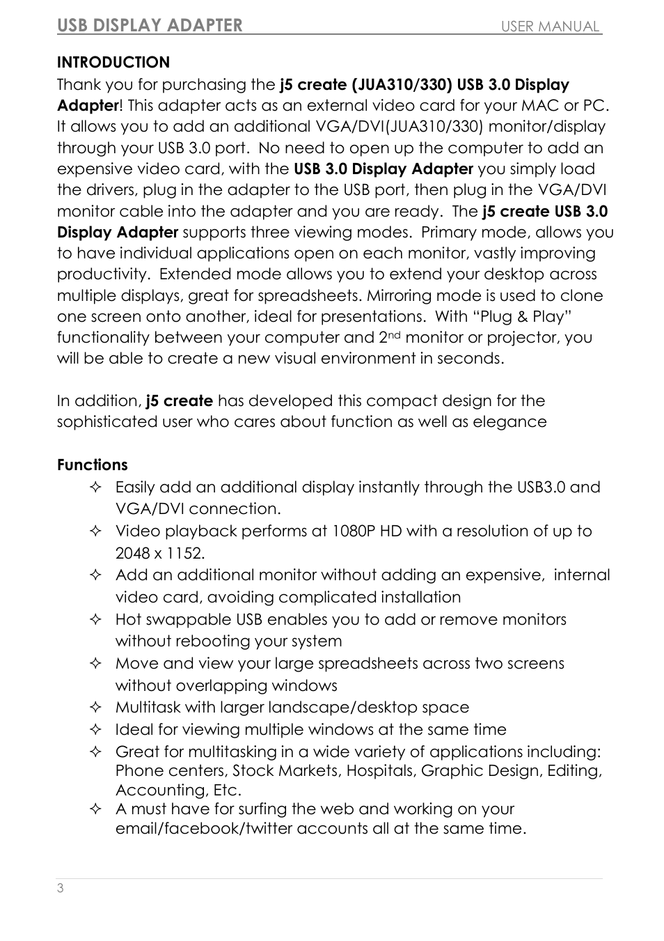 Introduction, Usb display adapter | j5 create JUA310 - USB 3.0 VGA Display Adapter User Manual | Page 4 / 413