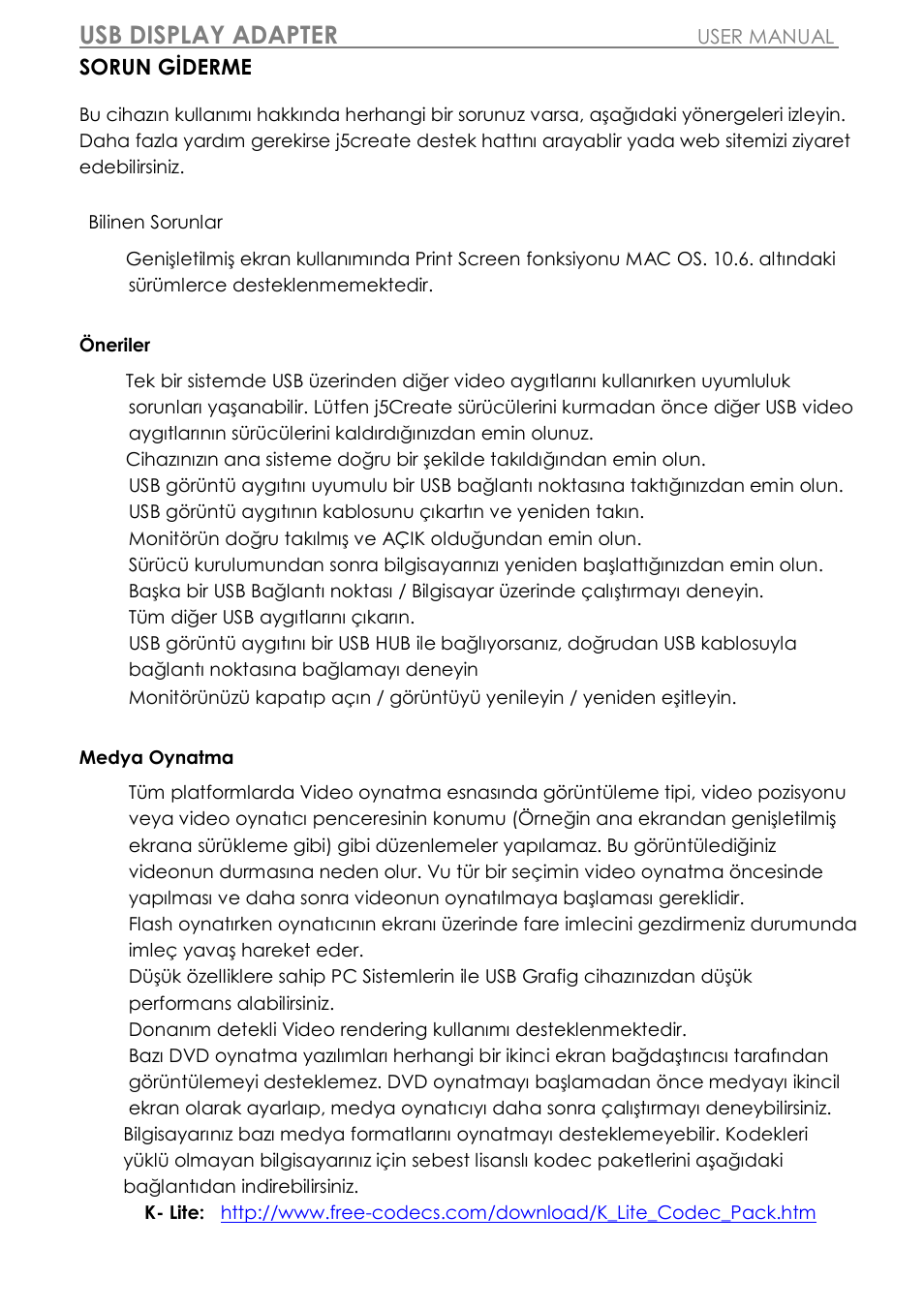 Sorun giderme, Usb display adapter | j5 create JUA310 - USB 3.0 VGA Display Adapter User Manual | Page 408 / 413